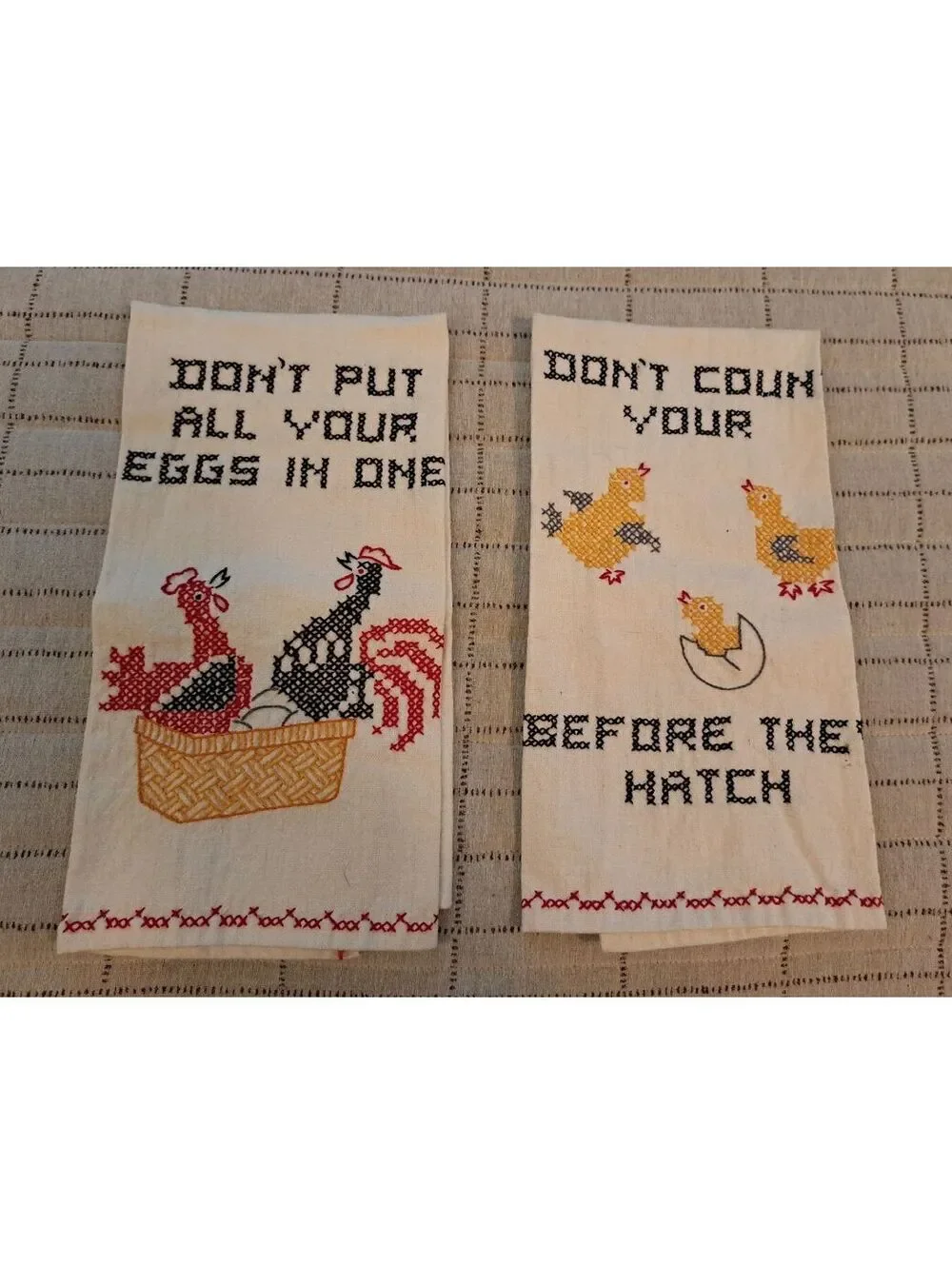 Vintage Set-2 Handmade Cross-Stitch Farmhouse Wisdom Chicken Kitchen Tea Towels